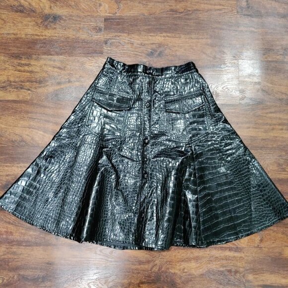Apparalel Black Croc Vegan Modesty Leather Goth Swing Mini Skirt S - Picture 2 of 11